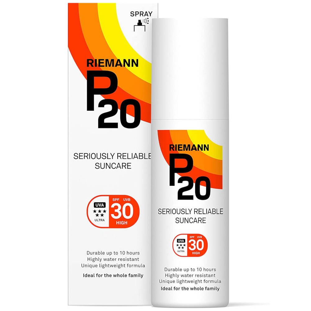 Spray blanc avec impression. Sur l'emballage : Riemann P20, SPF 30. Design jaune-orange.