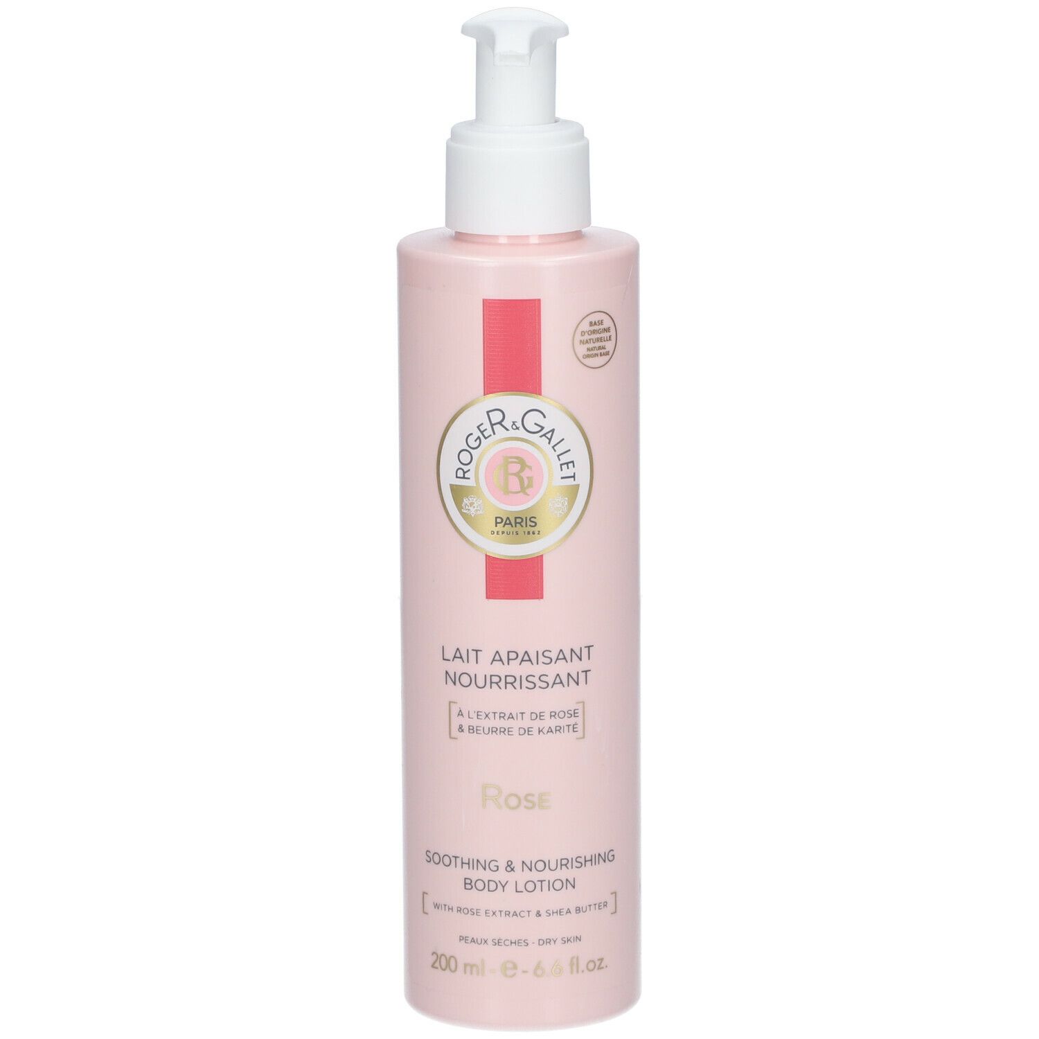 Lotion pour le corps rose avec pompe. Texte: Roger & Gallet, Lait Apaisant Nourrissant, Rose, Soothing & Nourishing Body Lotion.
