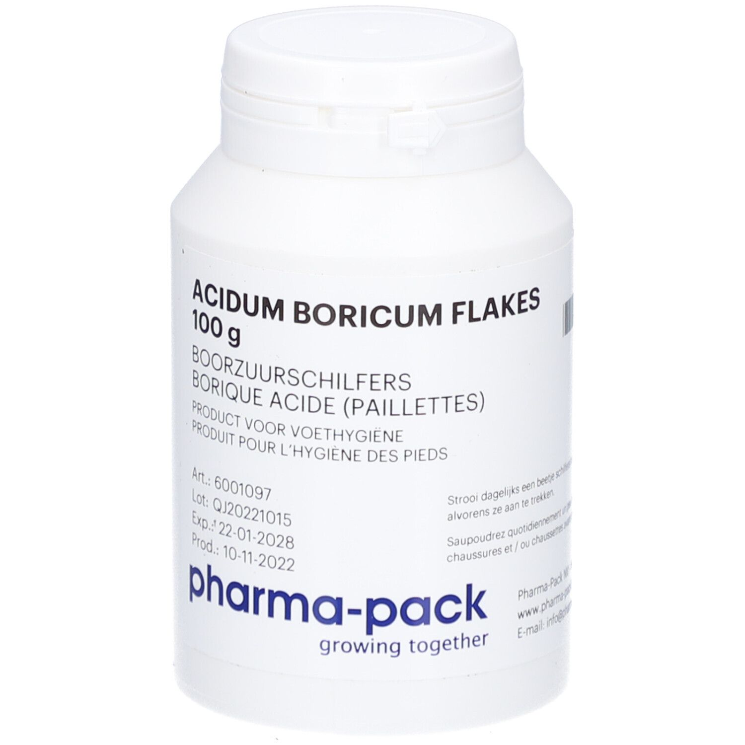 Pot blanc avec inscription 'Acidum Boricum Flakes'. Nom du produit, indication de contenu et logo 'pharma-pack' visibles.