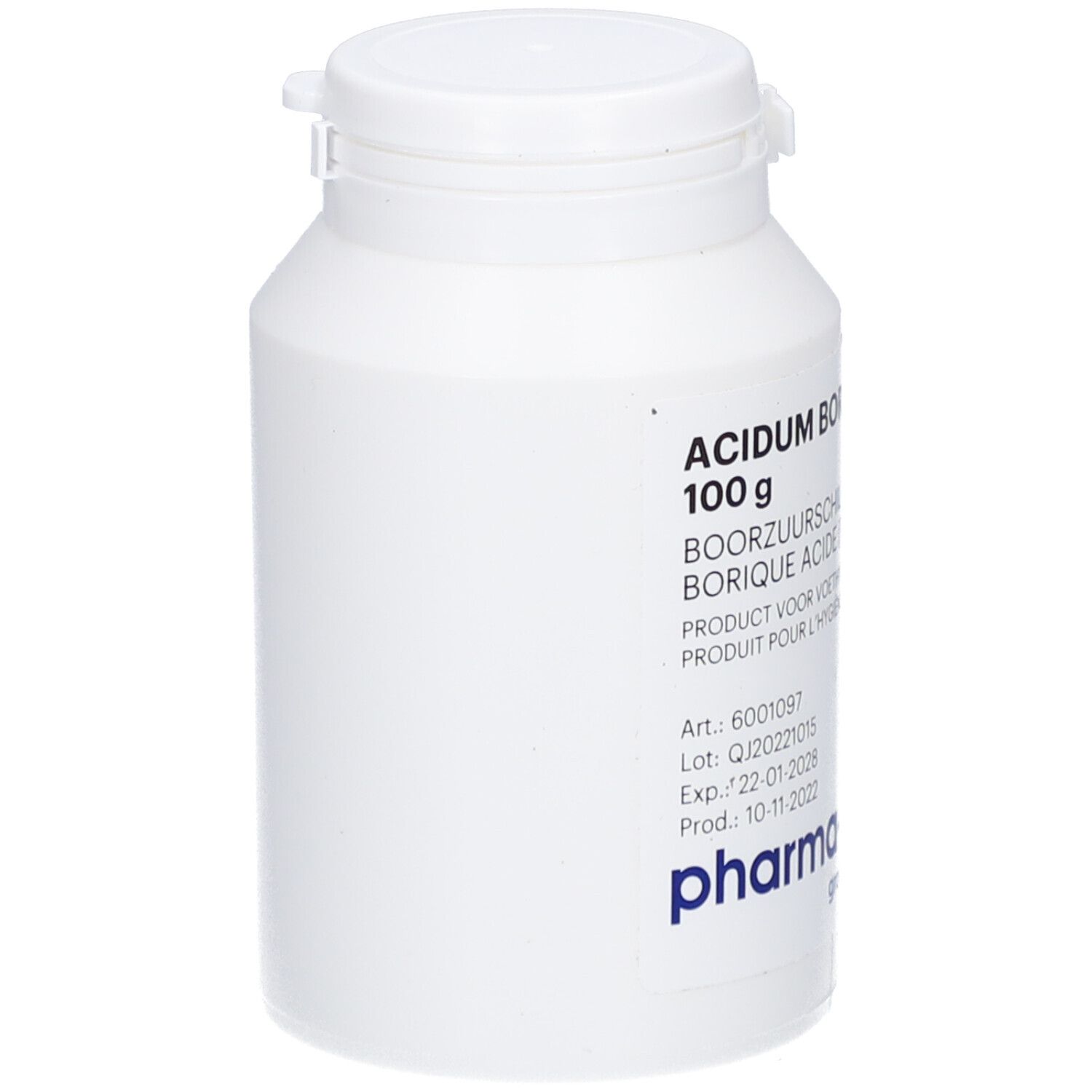 Pot blanc avec couvercle. Inscription 'Acidum Boricum' et '100 g' visibles. Logo 'pharma-pack' en bas.