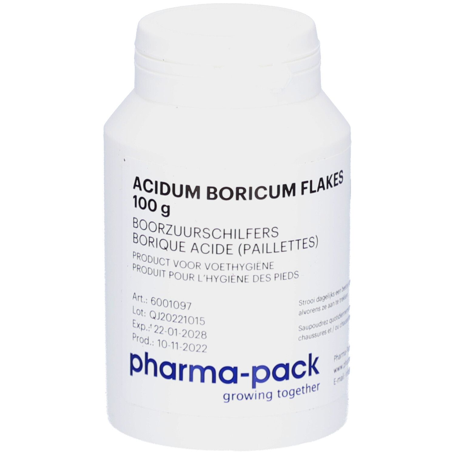 Pot blanc avec inscription 'Acidum Boricum Flakes' et '100 g'. Logo 'pharma-pack' et informations sur le produit.