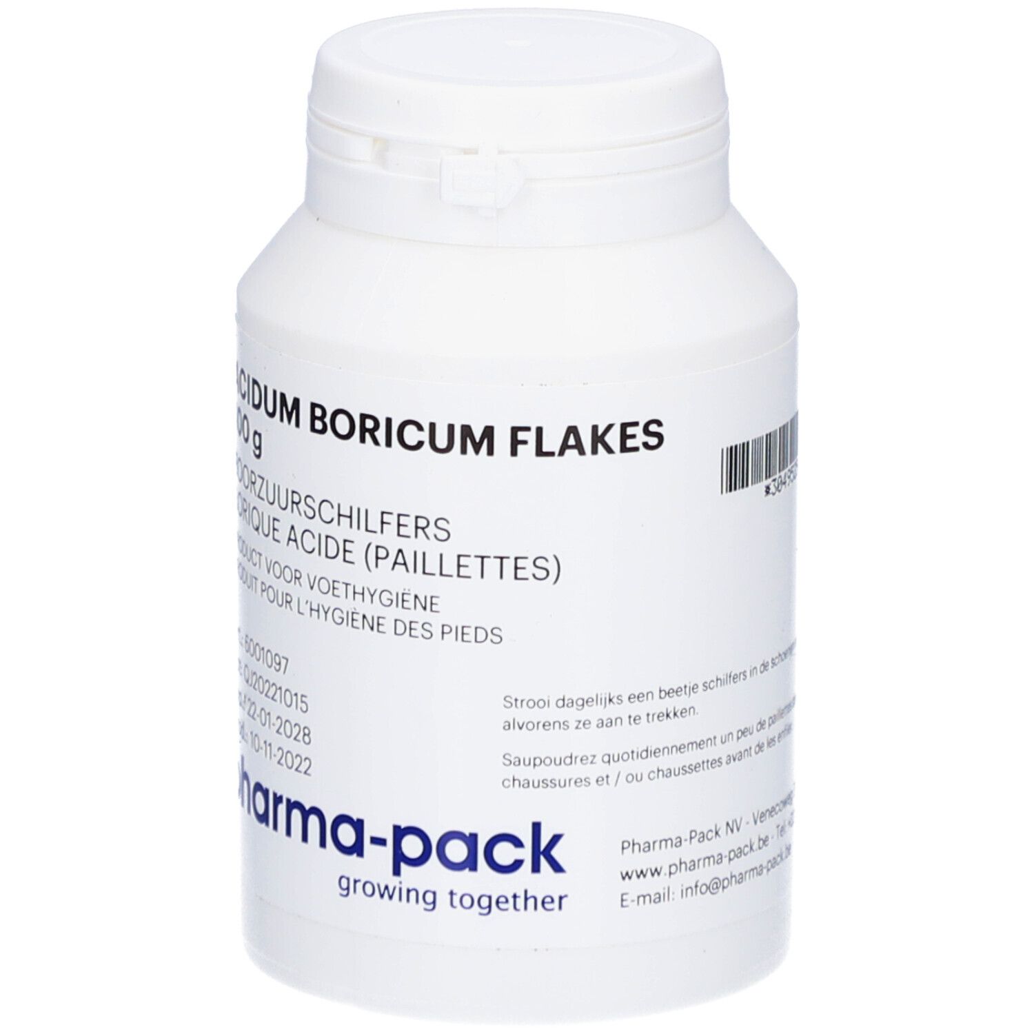 Pot blanc avec inscription 'Acidum Boricum Flakes' et '100 g'. Logo 'pharma-pack' et texte.