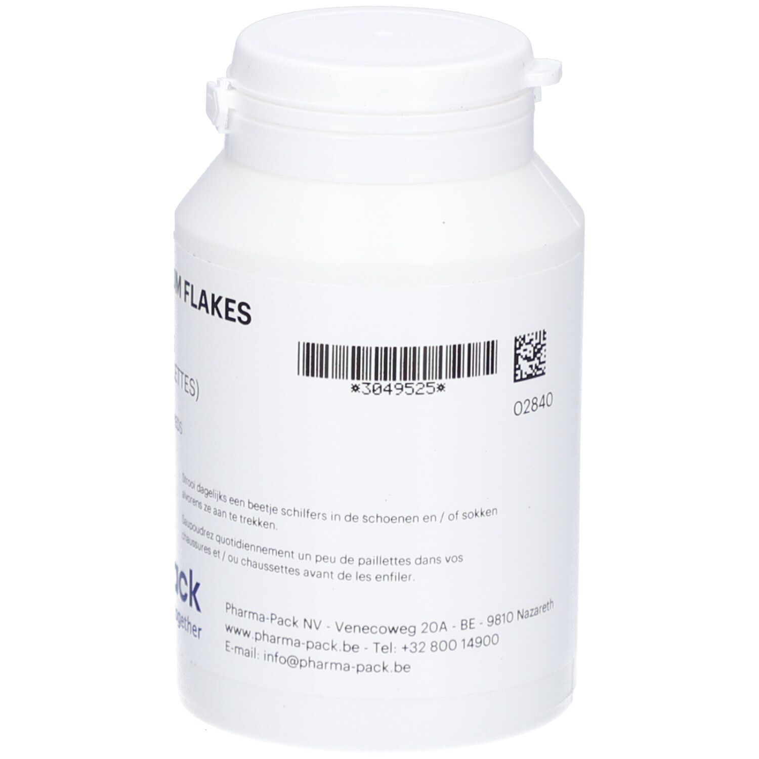 Pot blanc, dos. Code-barres, QR code et texte. Informations fabricant et logo 'pharma-pack'.