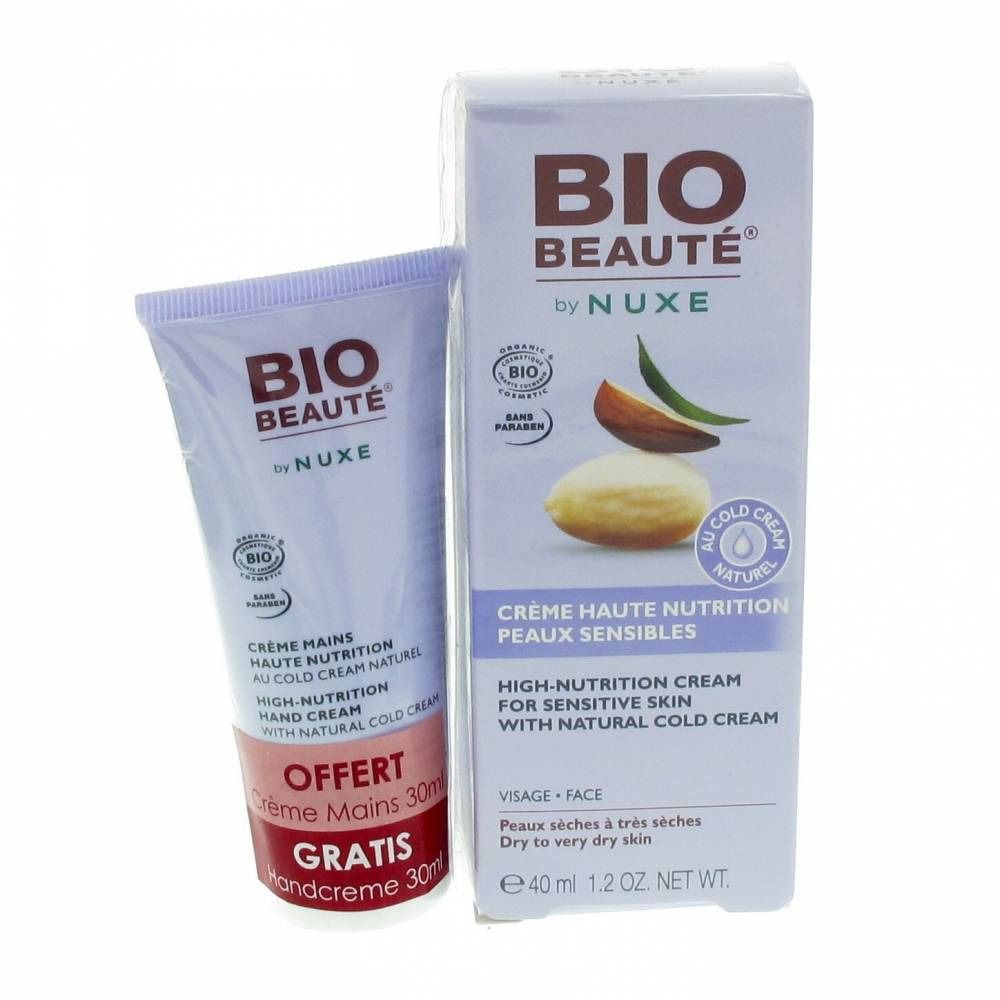 Tube de crème pour les mains et boîte. Inscriptions : BIO BEAUTÉ by NUXE. Textes en français et anglais. Label bio.