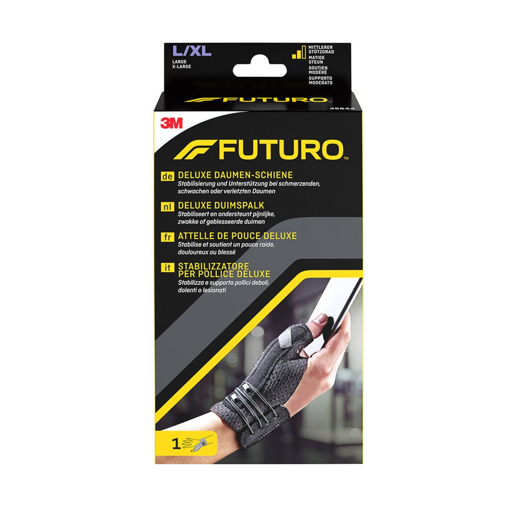 Attelle de pouce Deluxe FUTURO™ L/XL. Attelle noire. Emballage avec image du produit et texte.