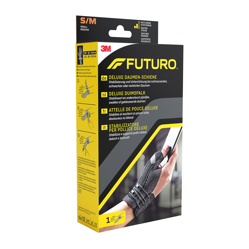 Attelle de pouce Deluxe 3M Futuro™ S/M noire. Boîte avec produit.