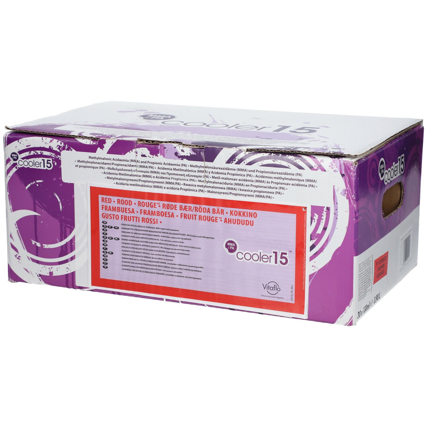 Boîte en carton avec texte. Inscription : cooler15, Vitaflo. Texte rouge et blanc sur fond violet. Texte multilingue.