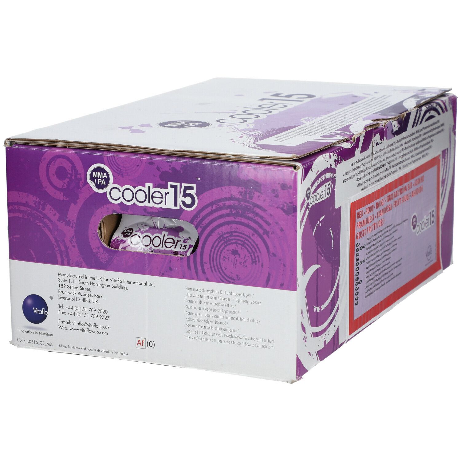 Boîte en carton avec texte. Inscription : cooler15, Vitaflo. Texte violet et blanc sur fond violet. Trou de préhension.