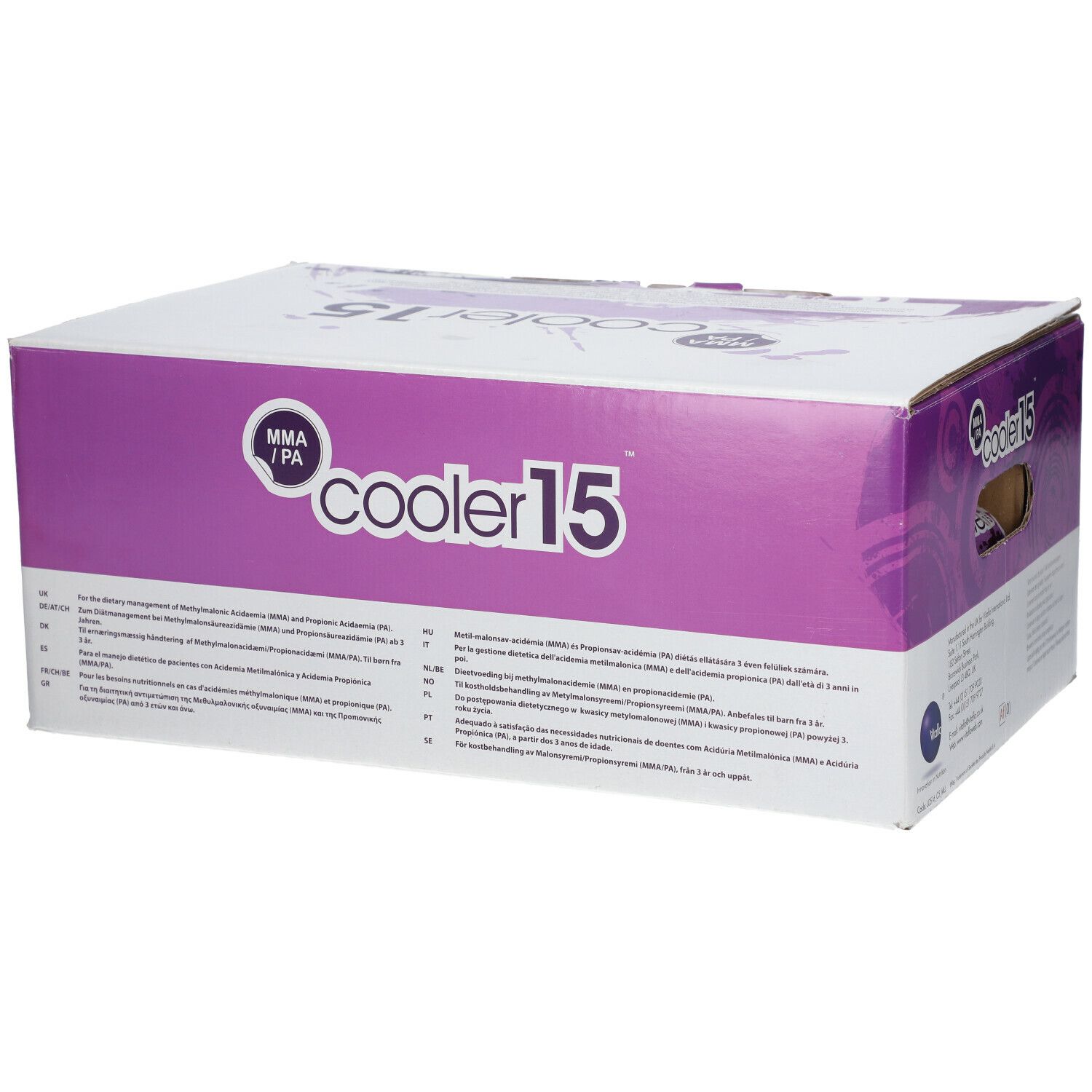 Boîte en carton avec texte. Inscription : cooler15, Vitaflo. Texte violet et blanc sur fond violet. Trou de préhension.