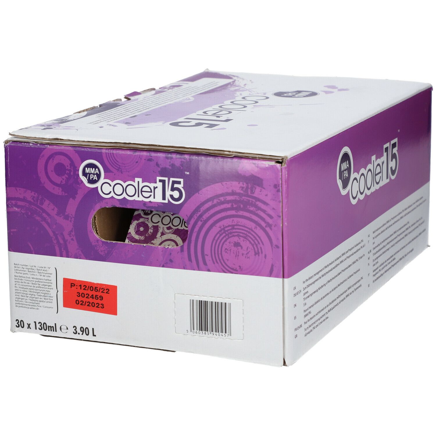 Boîte en carton avec texte. Inscription : cooler15, Vitaflo. Texte violet et blanc sur fond violet. Code-barres et date de péremption.