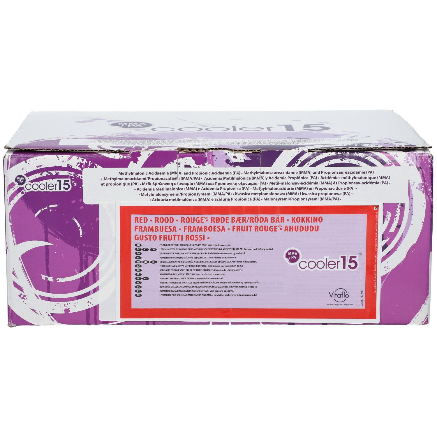 Boîte en carton avec texte. Inscription : cooler15, Vitaflo. Texte rouge et blanc sur fond violet. Texte multilingue.
