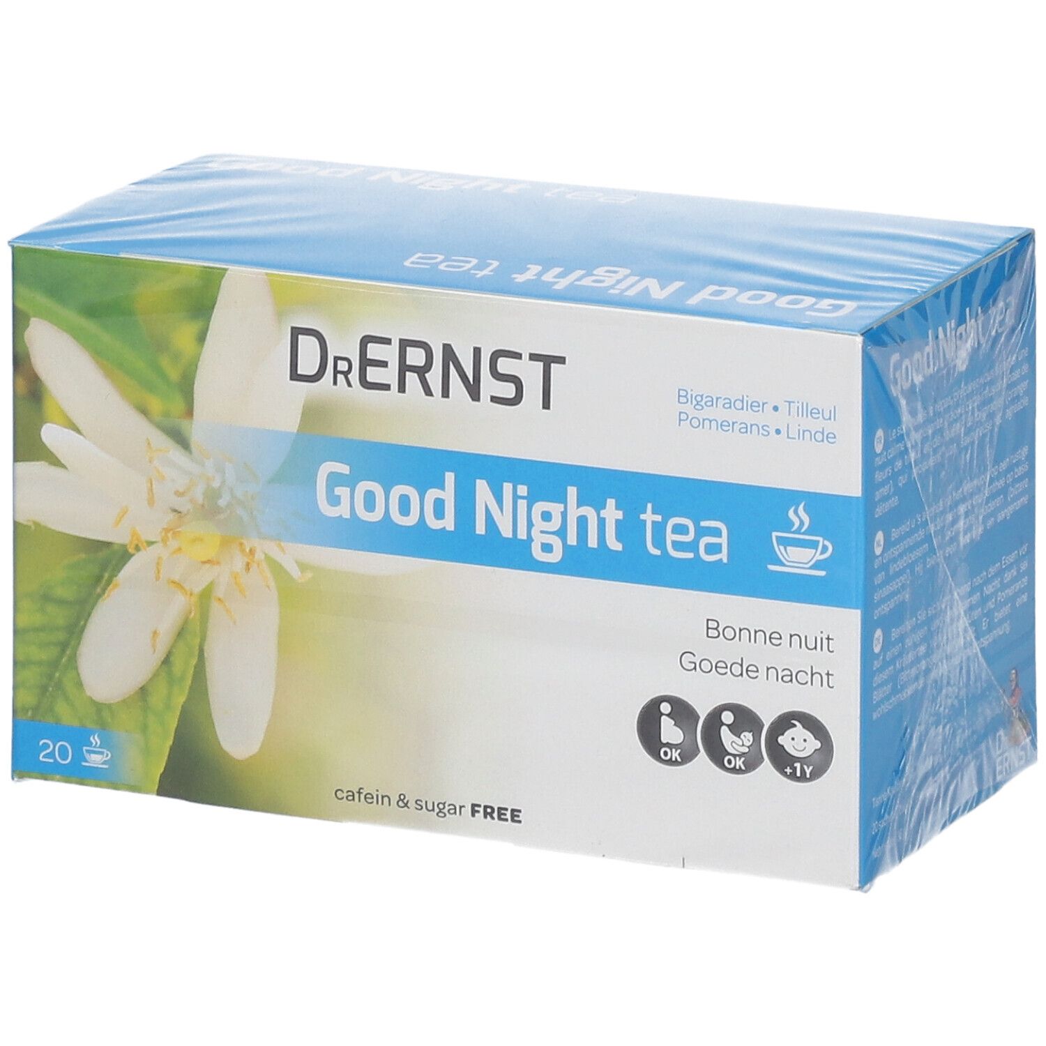 Boîte de thé Good Night Dr. Ernst. Emballage bleu avec motif floral et nom du produit. Contient 20 sachets.