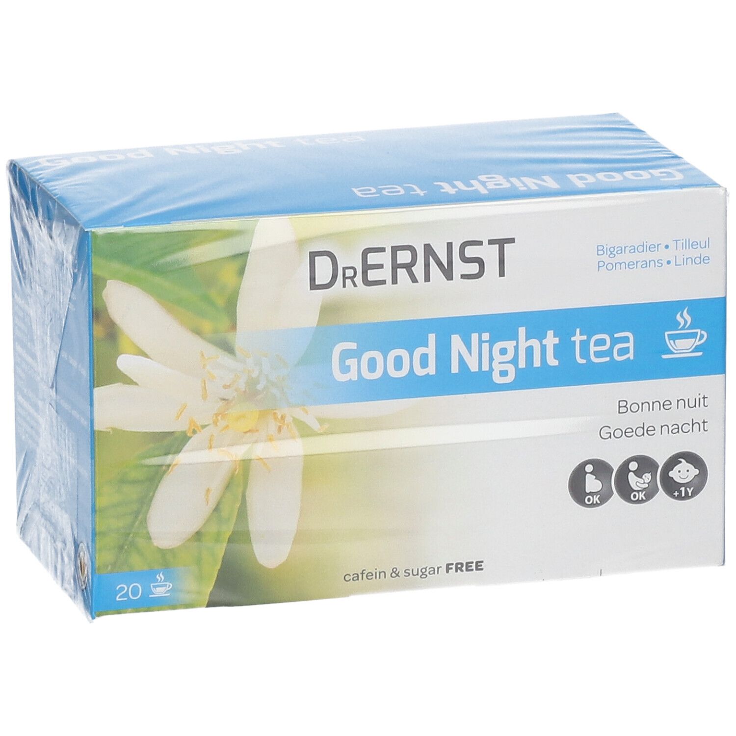 Emballage de thé Good Night Dr. Ernst. Boîte bleue avec motif floral et nom du produit. 20 sachets.