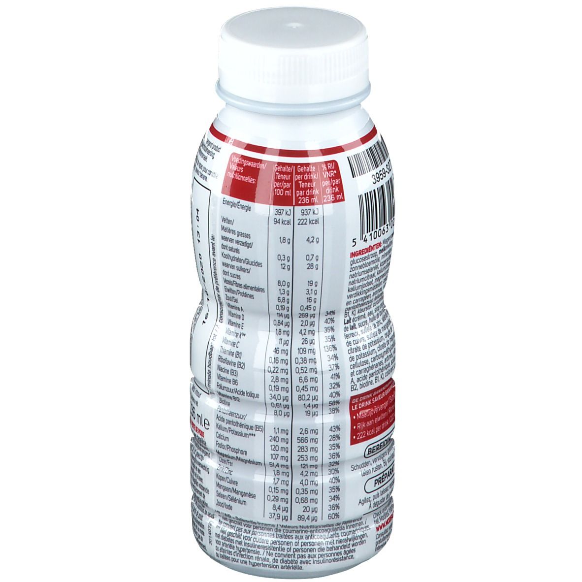 Bouteille blanche avec informations nutritionnelles. Contient 236 ml. Avec bouchon à vis. Inscription: Modifast. Contient vitamines et minéraux.