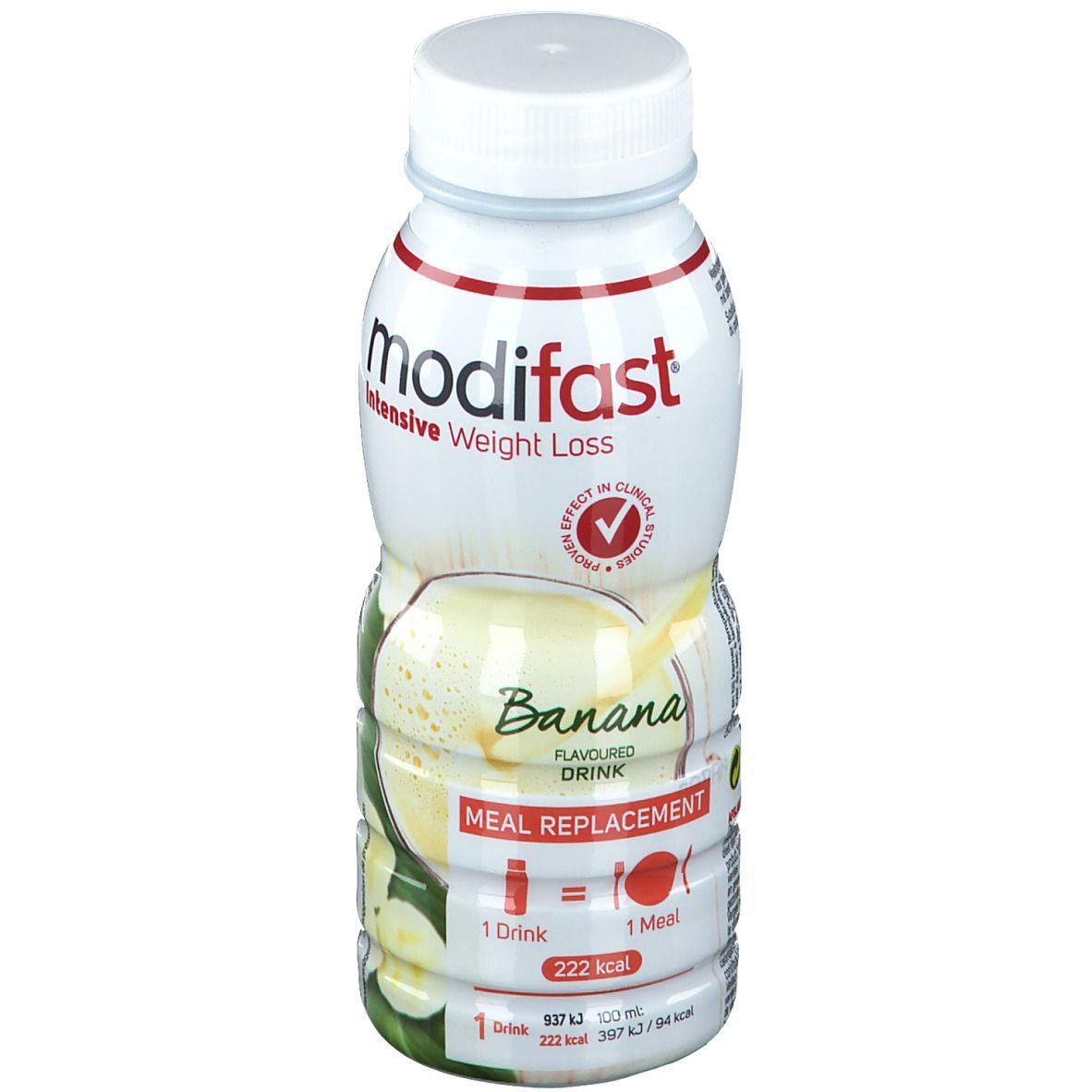 Bouteille blanche saveur banane. Inscription: Modifast, Intensive Weight Loss, Banane, Meal Replacement. Avec bouchon à vis.