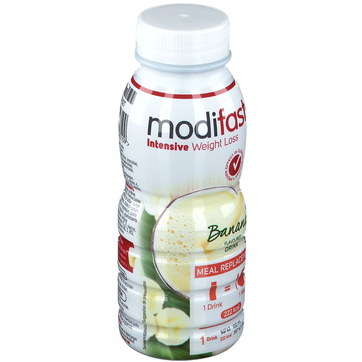 Bouteille blanche saveur banane. Inscription: Modifast, Intensive Weight Loss, Banane, Meal Replacement. Avec bouchon à vis.