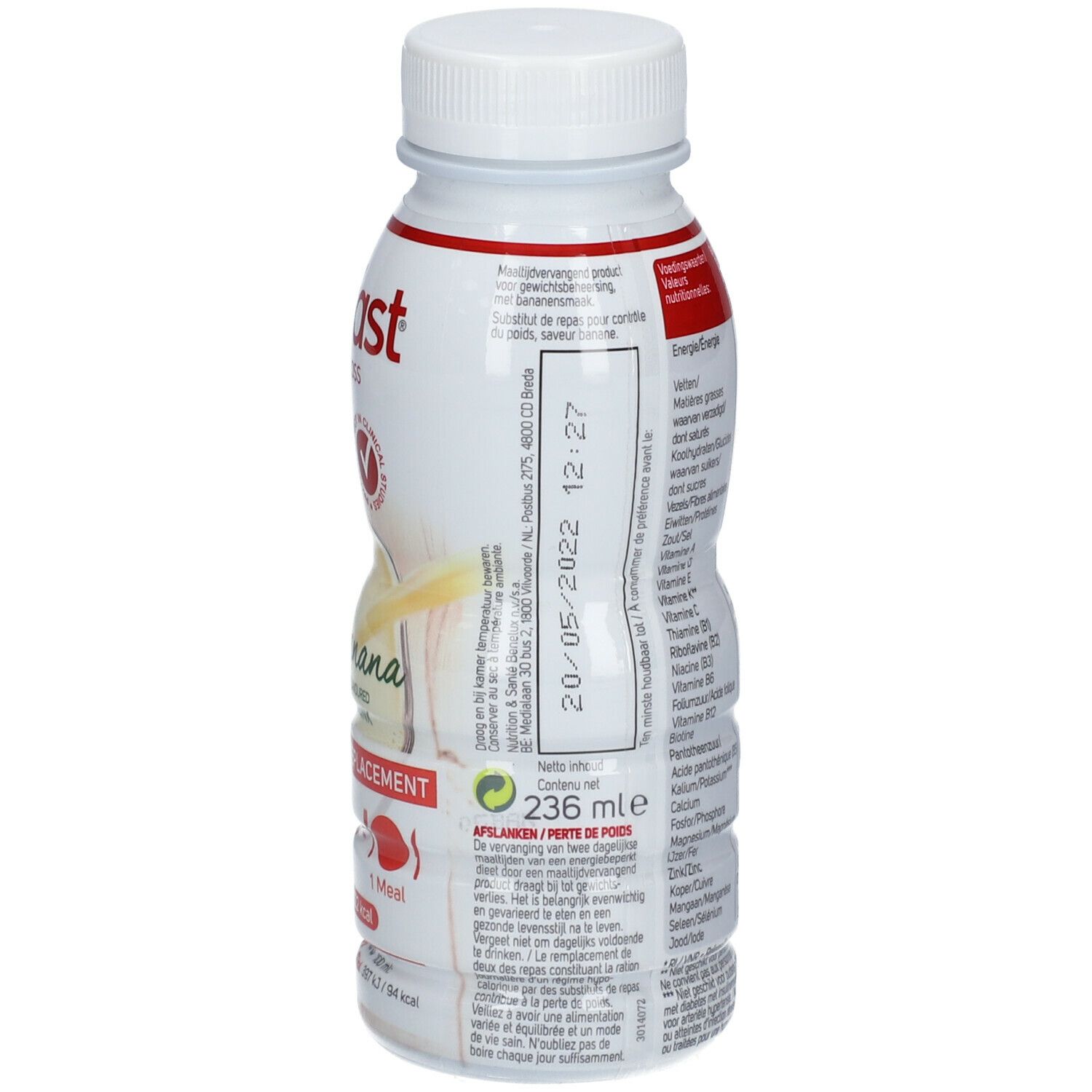 Bouteille blanche et rouge saveur banane. Contient 236 ml. Inscription: Modifast, Meal Replacement, Banane. Avec bouchon à vis.