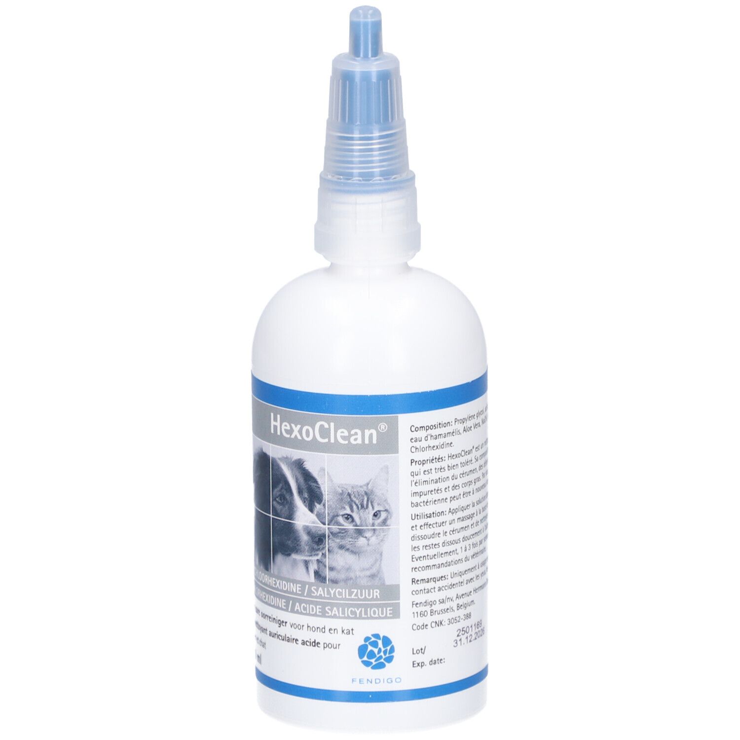 Flacon blanc avec bouchon bleu. Inscription HexoClean, image chien et chat. Texte : Chlorhexidine/Acide salicylique.