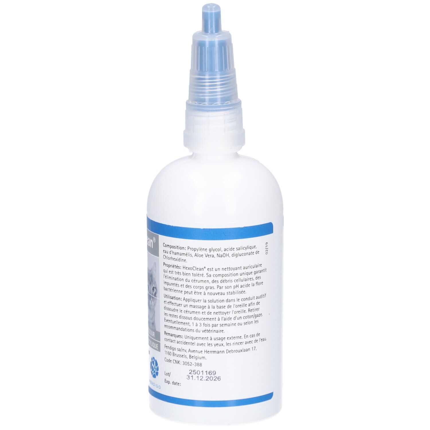 Dos du flacon blanc avec bouchon bleu. Texte et code-barres. Inscription : HexoClean.