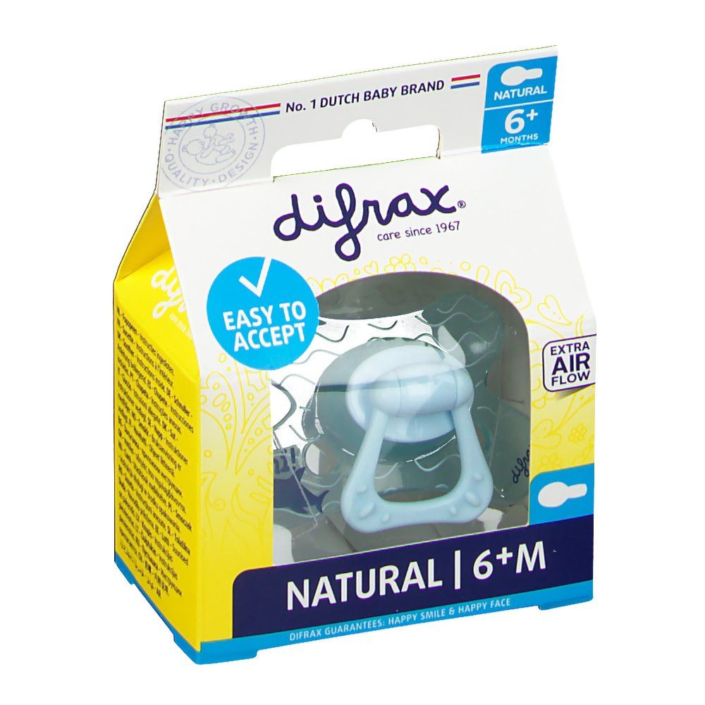Emballage de sucette bleue, 6+ mois. Marque difrax. Inscription "Easy to accept" et "Extra Air Flow".