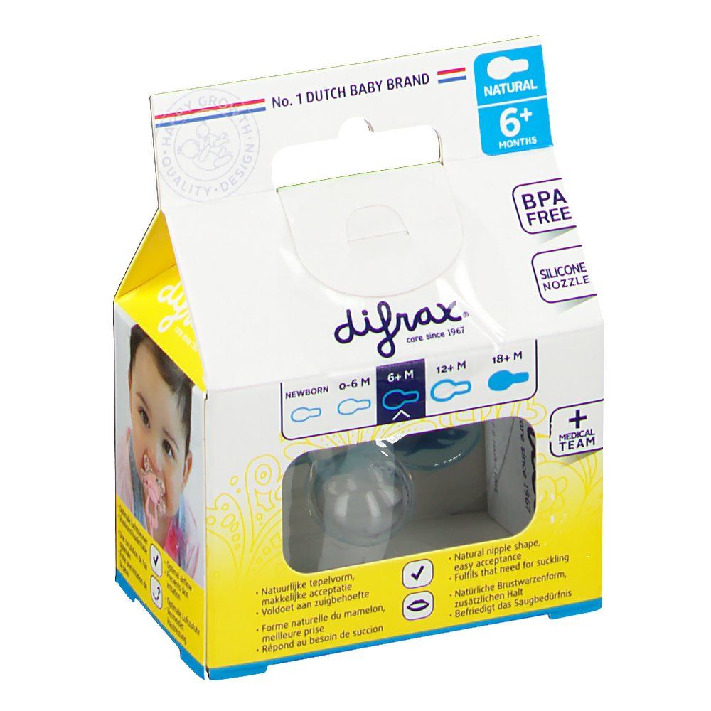 Emballage avec sucette. Bleu, 6+ mois. Marque difrax. Sans BPA et tétine en silicone. Pour 0-6, 6-12 et 12+ mois.