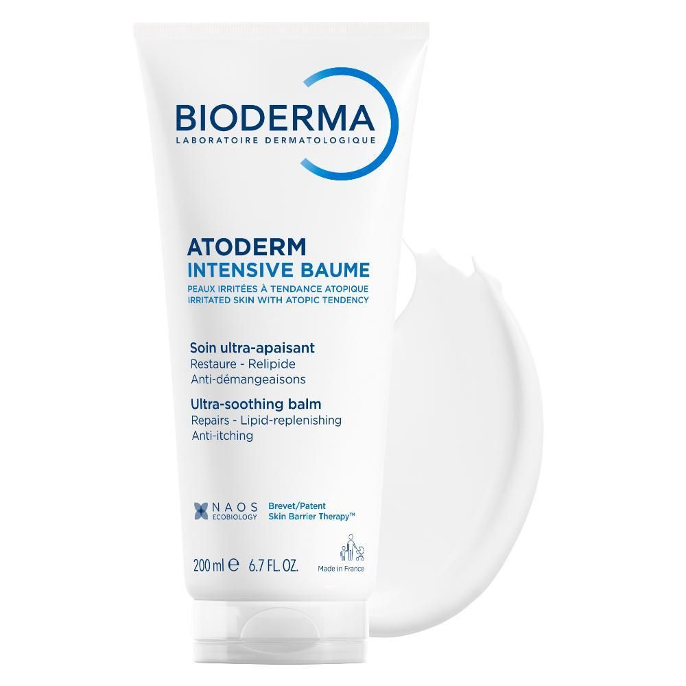 Tube blanc avec logo et texte bleus. Nom du produit: Atoderm Intensive Baume. Texte en français et anglais. 200 ml.