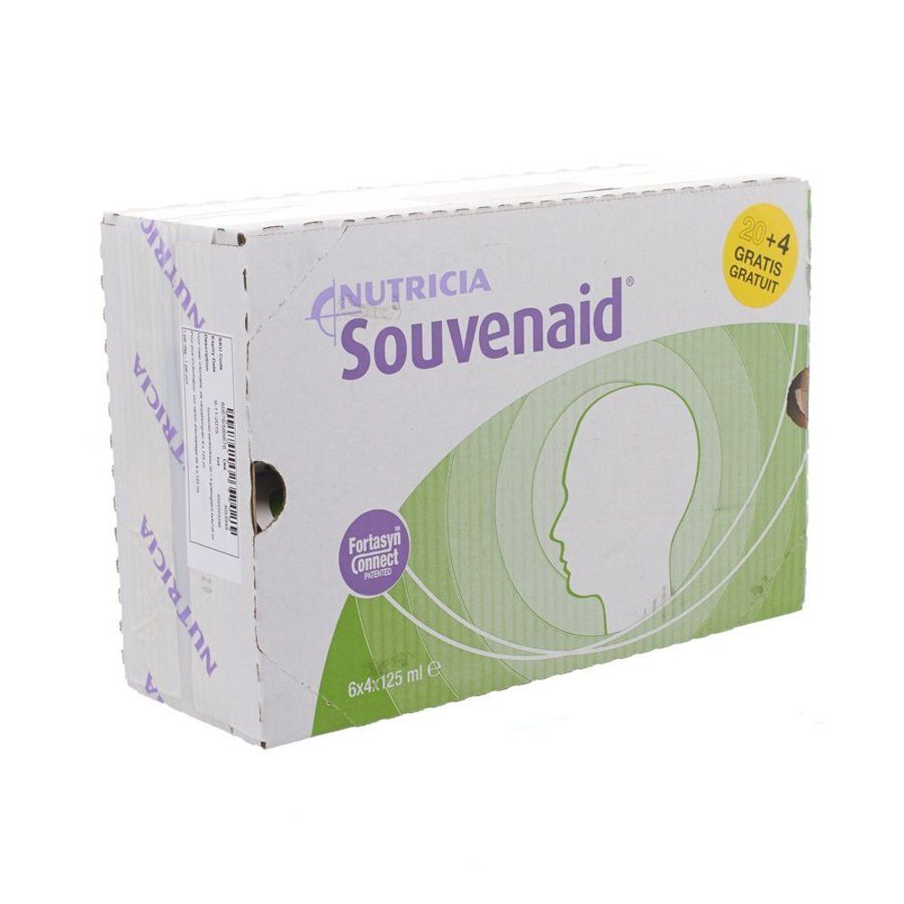Boîte Souvenaid Nutricia. Inscription : Souvenaid, Fortasyn Connect, 6x125 ml. Profil de tête. Avec promotion gratuite.