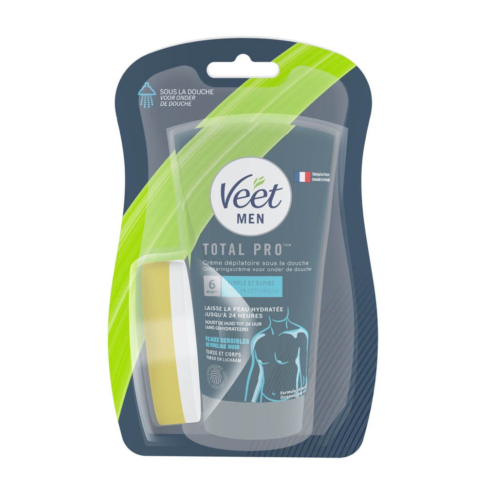 Veet Men Total Pro crème dépilatoire sous la douche. Tube et éponge dans emballage. Texte: Crème dépilatoire sous la douche, Peau sensible, 6 semaines.