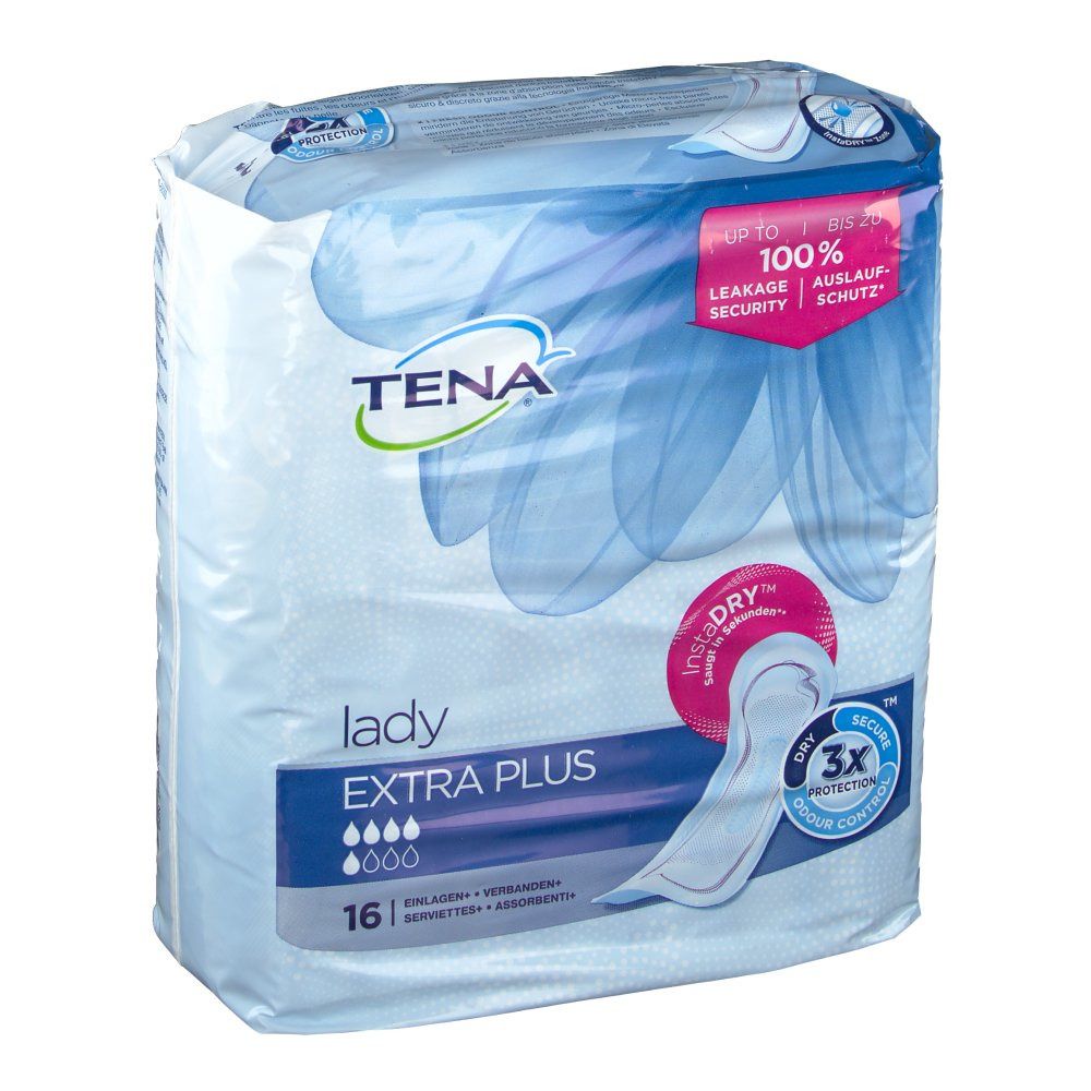 Paquet de Tena Lady Extra Plus. 16 serviettes. Inscriptions : 100% sécurité anti-fuites, InstaDRY, protection 3X.