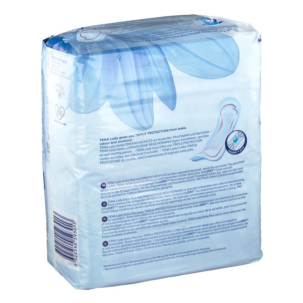 Dos du paquet Tena Lady Extra Plus. Texte sur les caractéristiques et les ingrédients. Illustration du produit.