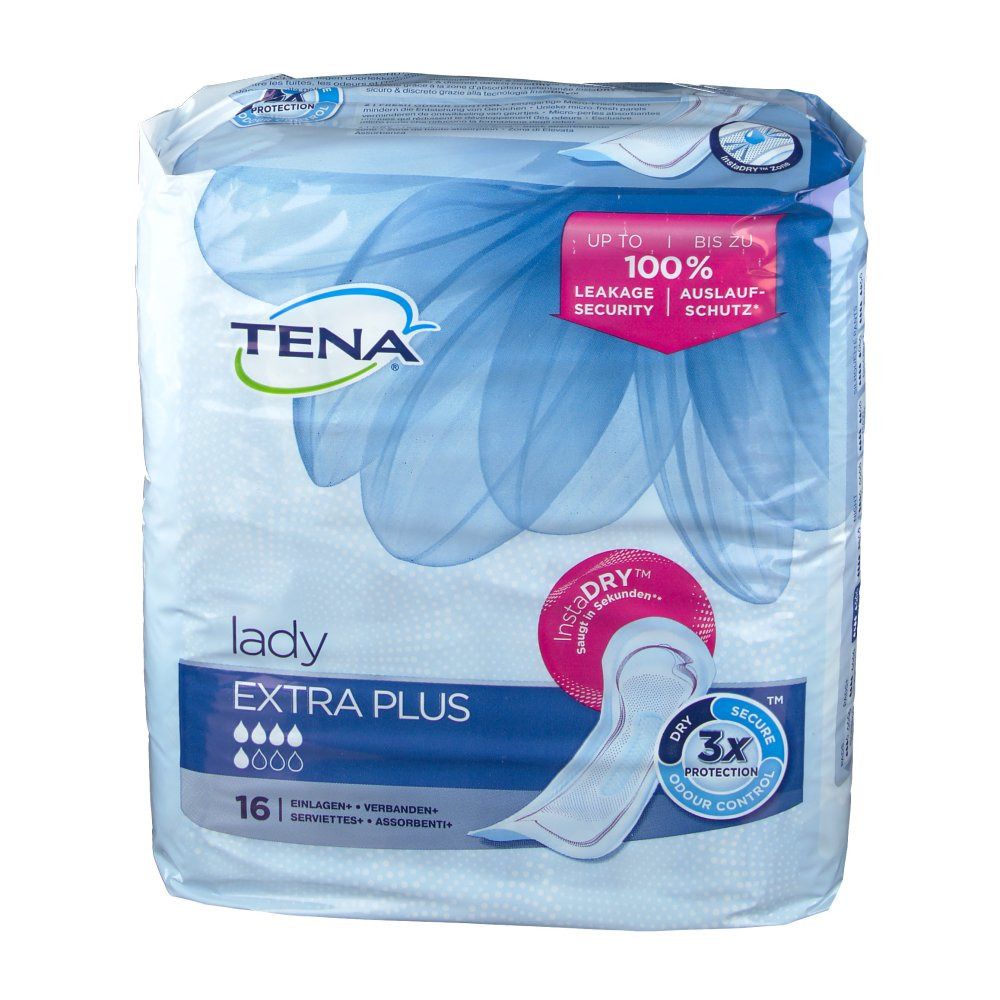Paquet de Tena Lady Extra Plus. 16 serviettes. Inscriptions : 100% sécurité anti-fuites, InstaDRY, protection 3X.