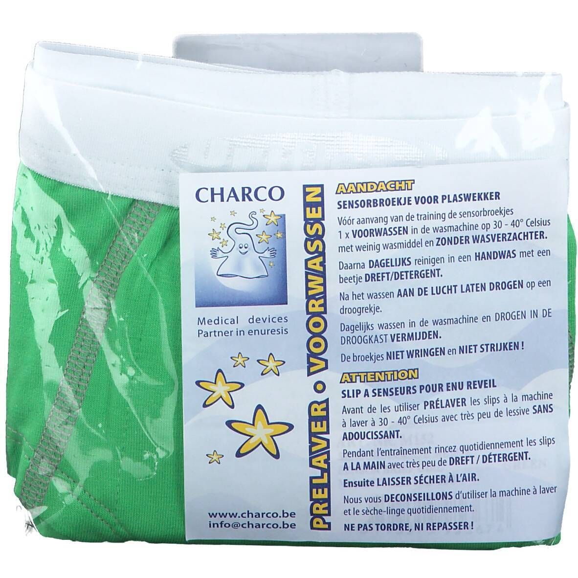 Culotte verte Charco dans emballage plastique. Instructions de lavage et d'entretien. Texte: Medical devices Partner in enuresis.