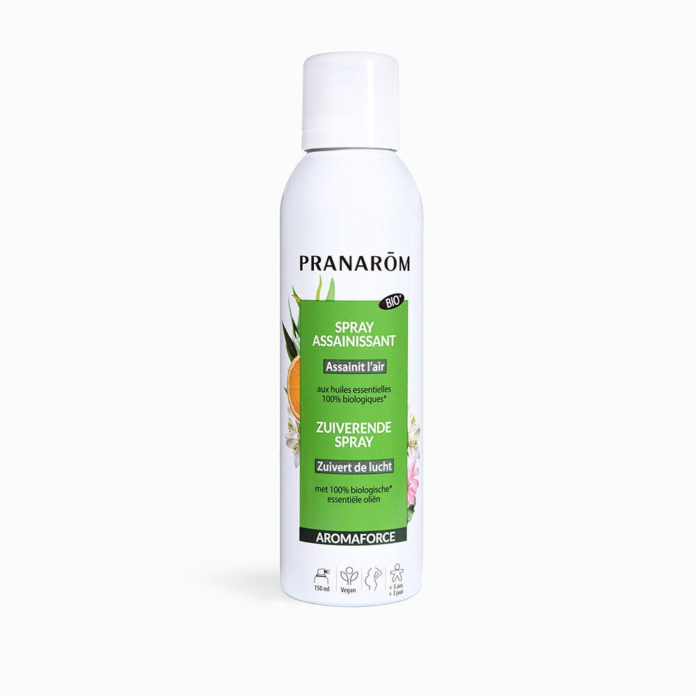 Spray Pranarôm blanc. Inscription: AROMAFORCE, Spray assainissant, Bio. Illustrations florales.