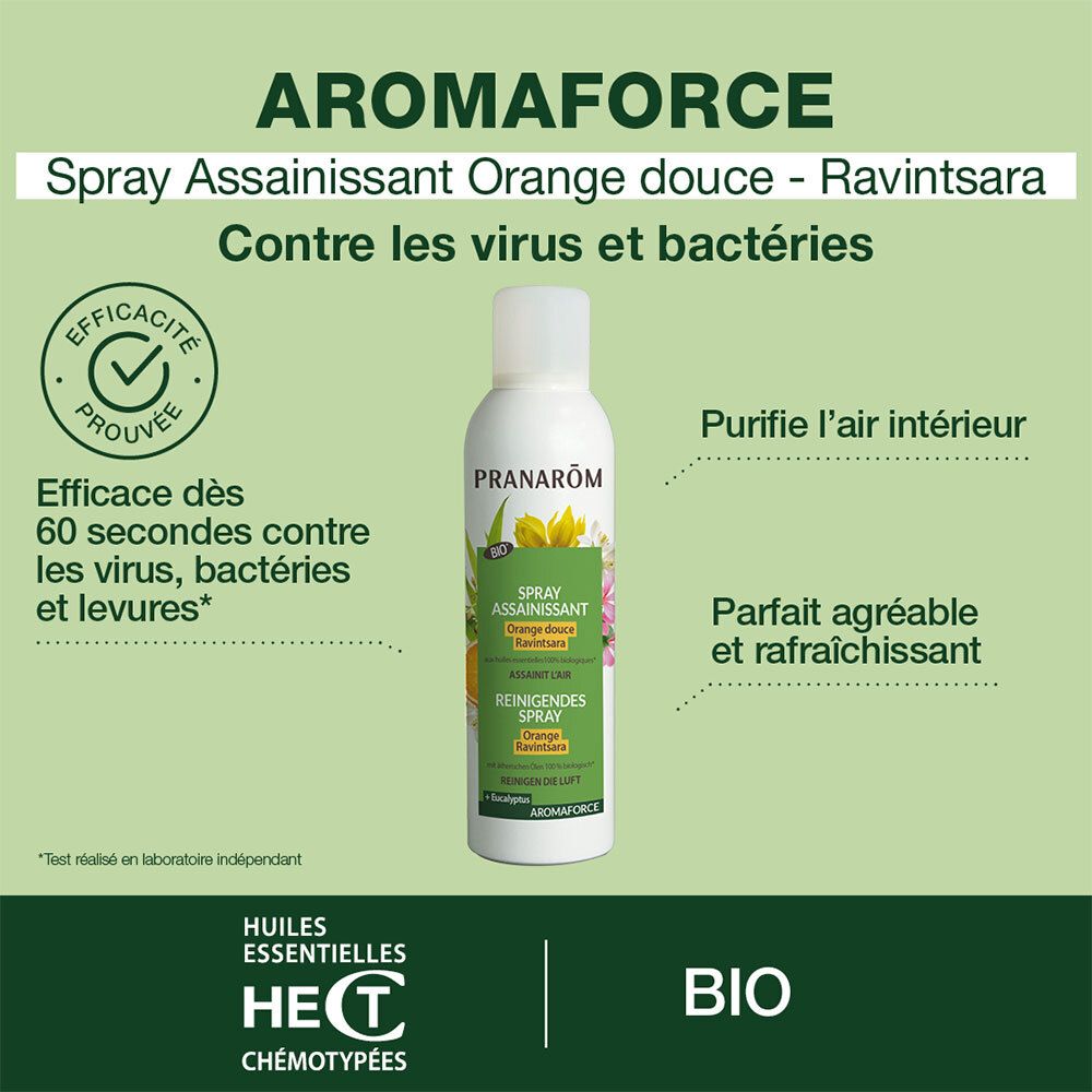 Publicité pour le spray Pranarôm AROMAFORCE. Texte: Spray assainissant, Orange douce, Ravintsara. Contre les virus et bactéries.