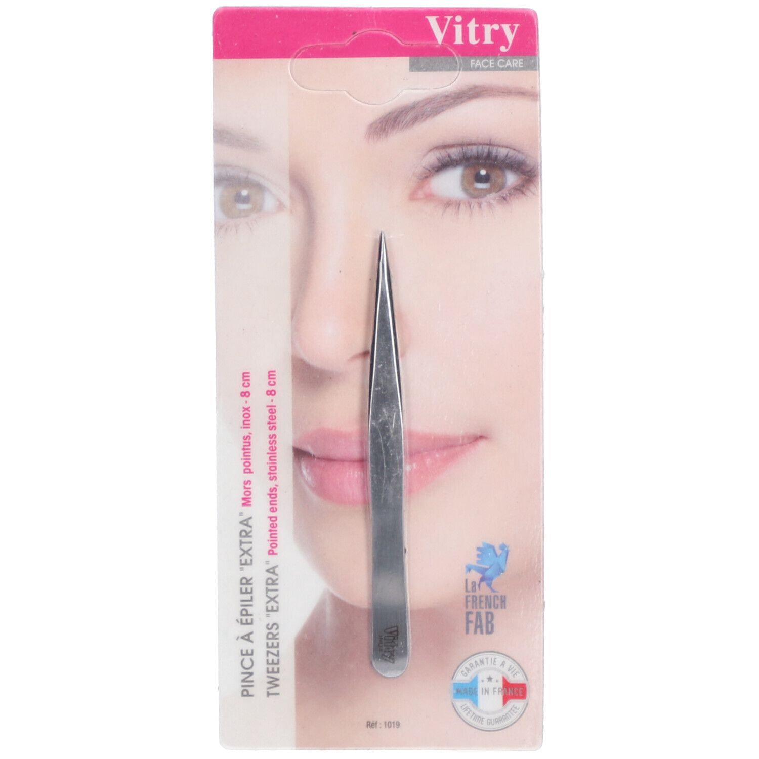 Pince à épiler extra fine, en emballage. Inscription: Vitry Face Care.