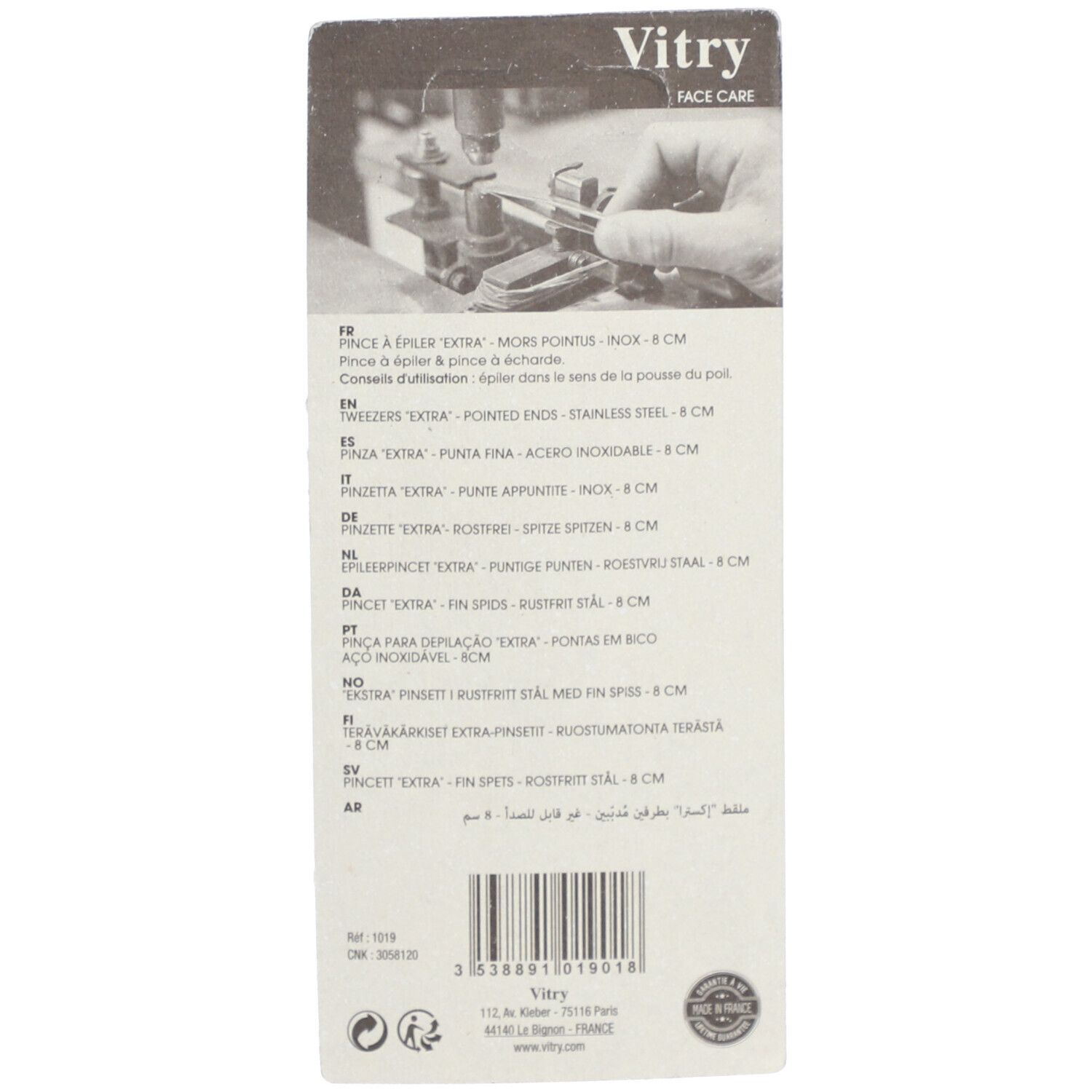Dos de l'emballage. Texte multilingue. Inscription: Vitry Face Care.