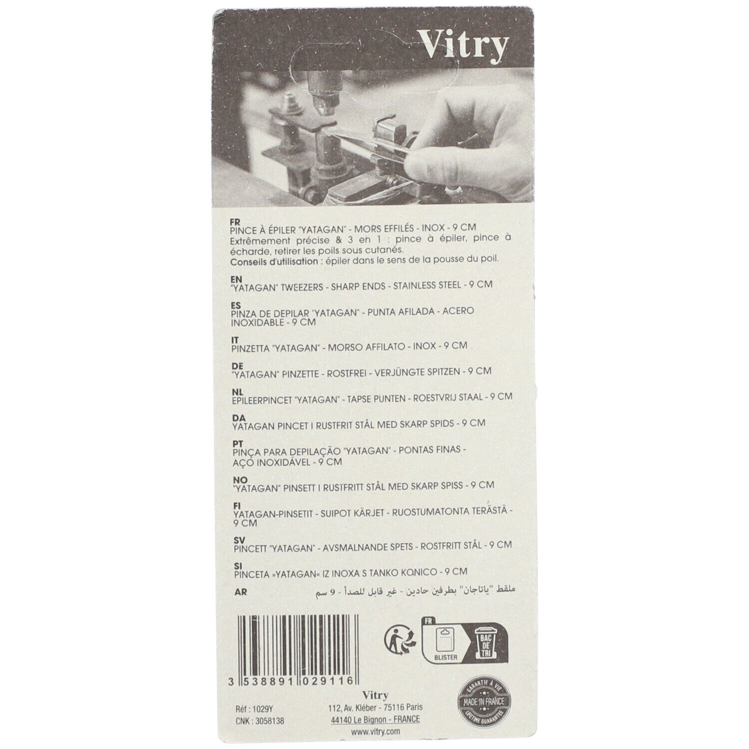 Vitry Pince à épiler 'Yatagan', mors effilés, inox, 9 cm.