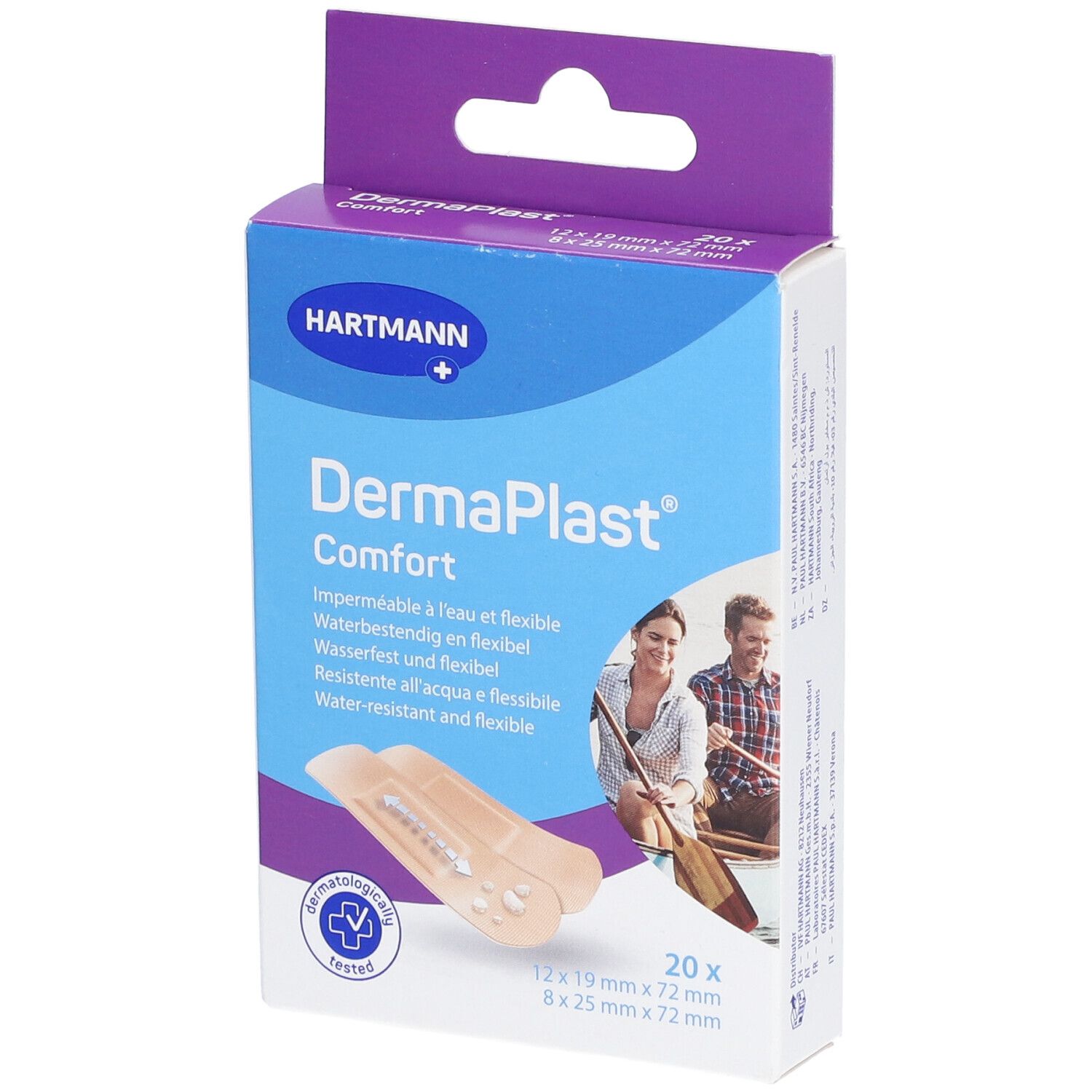 Boîte de pansements Dermaplast Comfort. Marque Hartmann. 20 pièces, dimensions indiquées. Testé dermatologiquement.