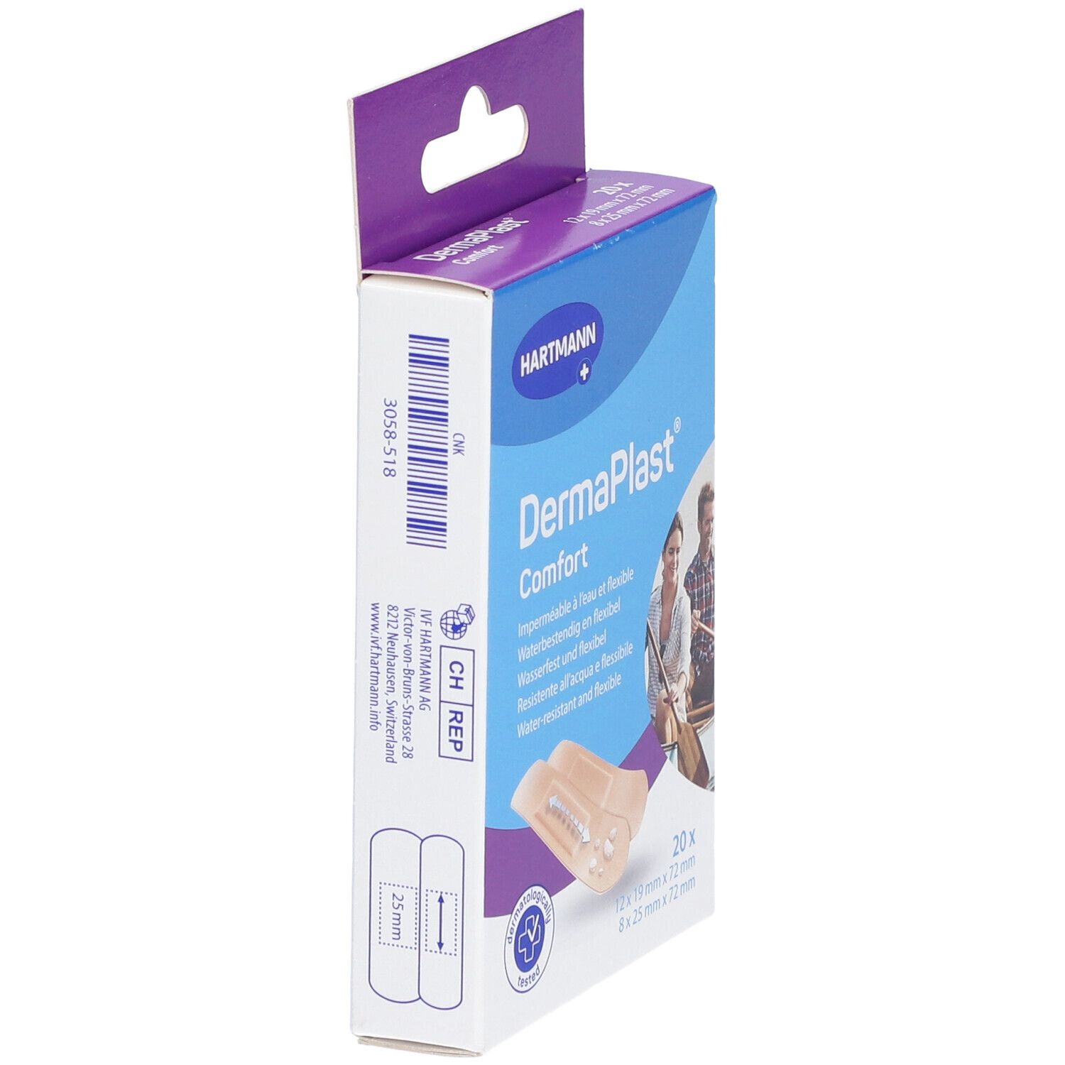 Vue latérale de la boîte de pansements. Marque Hartmann, nom Dermaplast Comfort. Dimensions et code-barres.