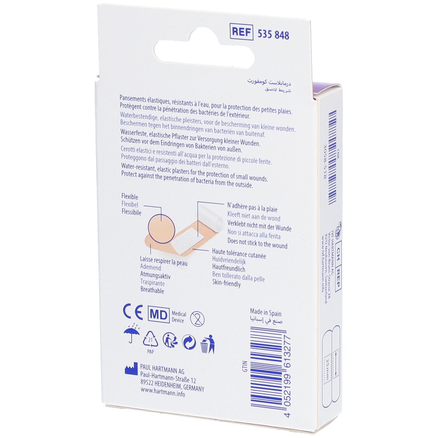 Dos de la boîte de pansements. Informations produit, illustrations, marquage CE, coordonnées fabricant.