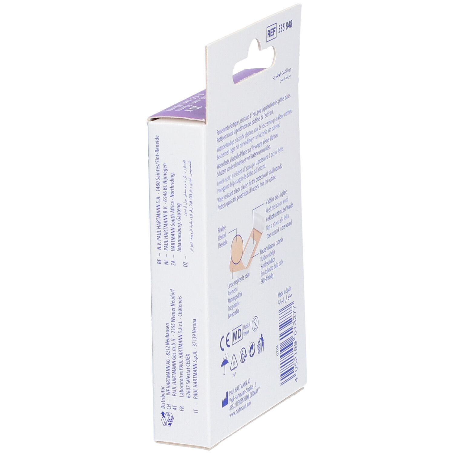 Vue latérale de la boîte de pansements. Informations produit, marquage CE, coordonnées fabricant.