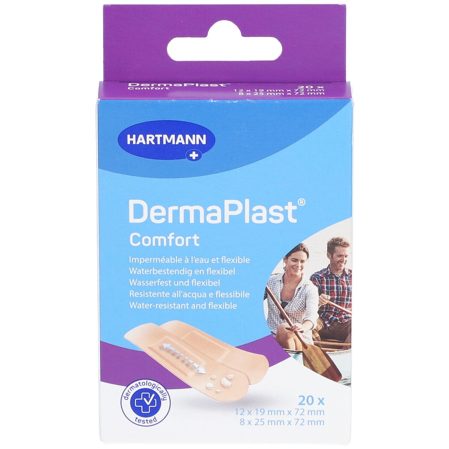 Vue de face de la boîte de pansements. Marque Hartmann, nom Dermaplast Comfort. 20 pièces, dimensions.