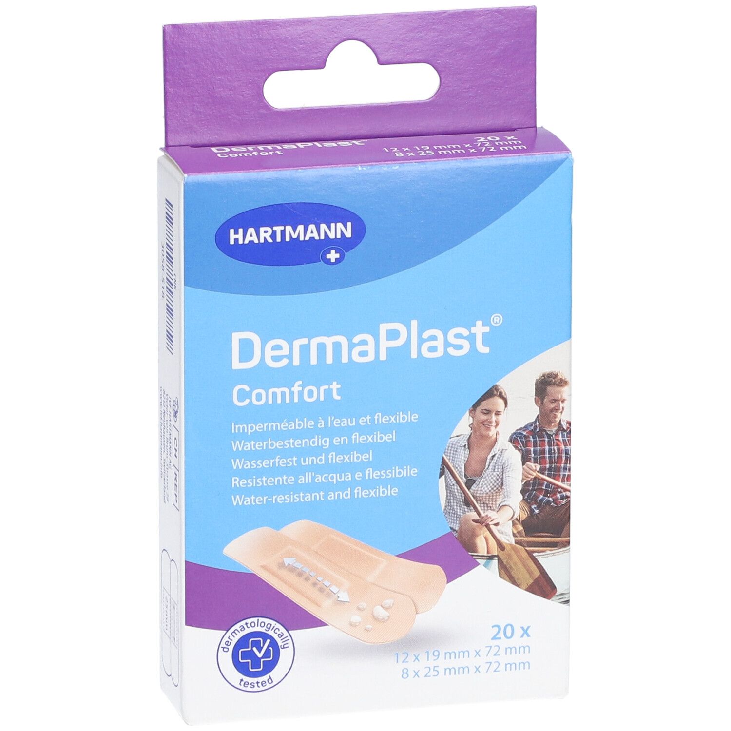 Vue de face de la boîte de pansements. Marque Hartmann, nom Dermaplast Comfort. 20 pièces, dimensions.