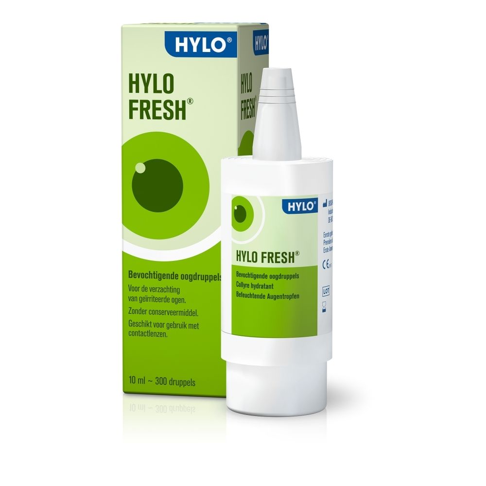 Boîte Hylo-Fresh gouttes oculaires. Inscription française sur le côté avec informations produit.
