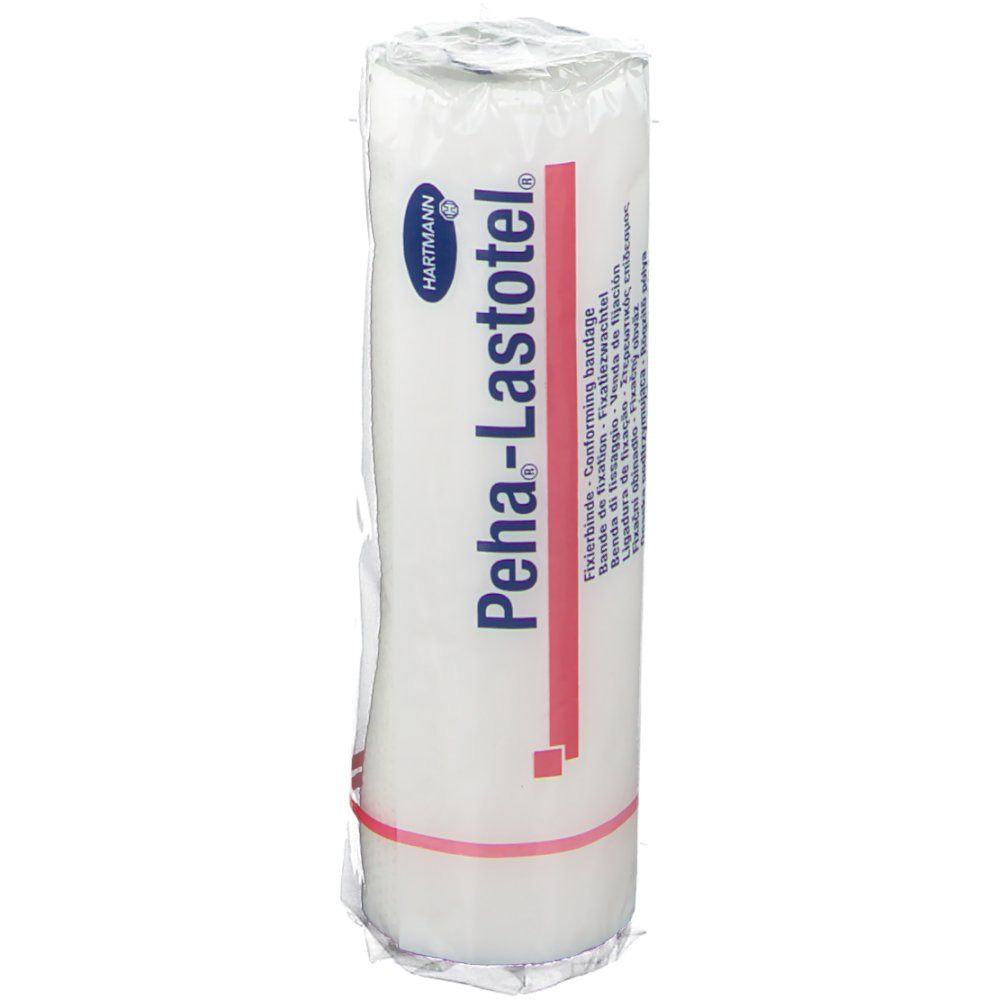 Bande de fixation Peha-Lastotel blanche, enroulée dans un film. Bande rouge. Logo Hartmann.