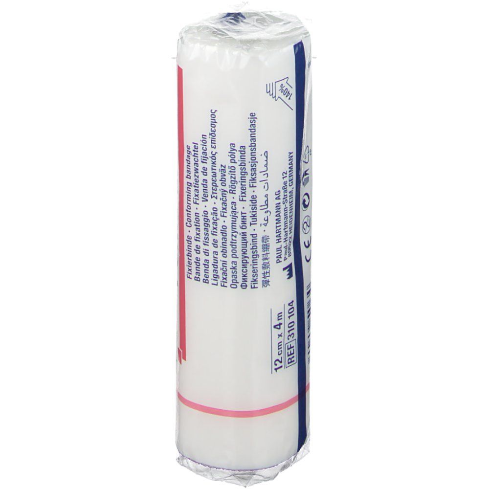 Bande de fixation Peha-Lastotel blanche, enroulée dans un film. Inscriptions: 12 cm x 4 m, REF 310 104, textes multilingues.