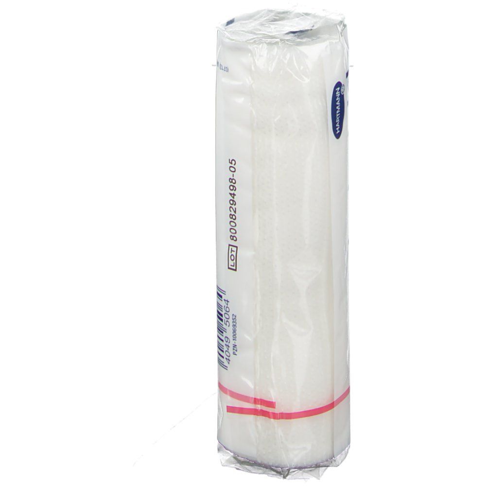 Bande de fixation Peha-Lastotel blanche, enroulée dans un film. Inscriptions: numéro de lot, code-barres.