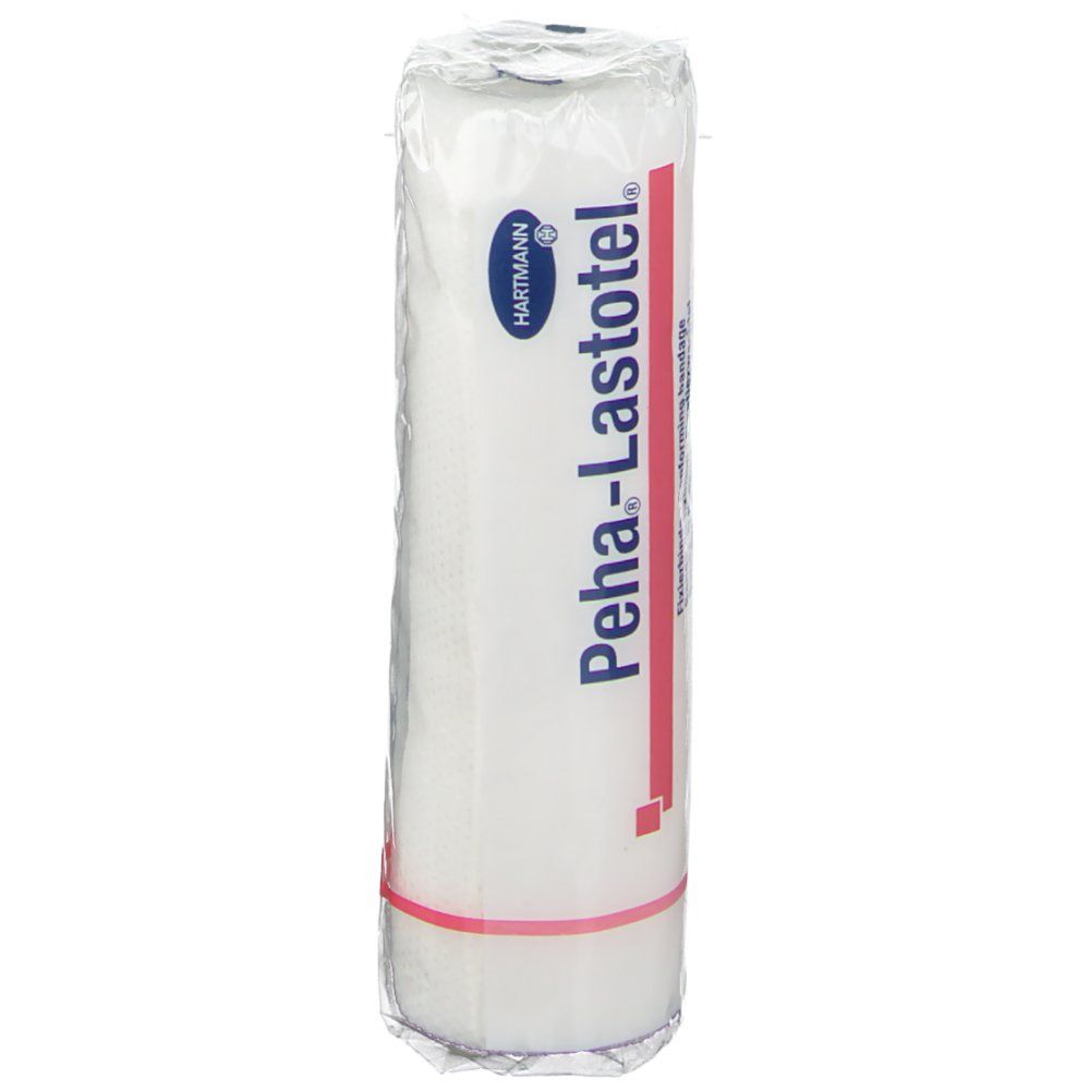 Bande de fixation Peha-Lastotel blanche, enroulée dans un film. Bande rouge. Logo Hartmann.