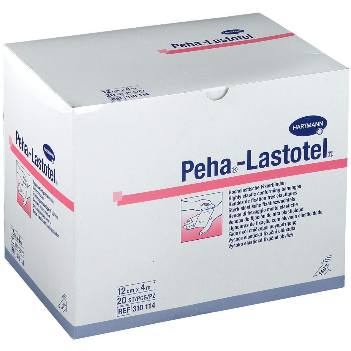 Boîte blanche avec nom et logo du produit. Bandes roses et texte. 12cm x 4m, 20 pièces. Réf. 310 114.