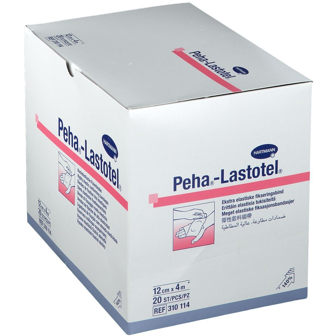 Boîte blanche avec nom et logo du produit. Bandes roses et texte. 12cm x 4m, 20 pièces. Réf. 310 114.